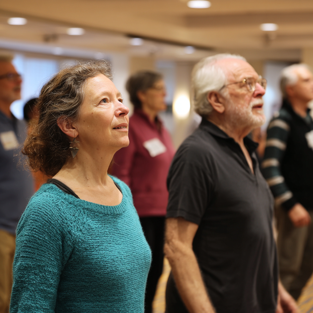 Middle-aged adults participating in gentle movement assessment session